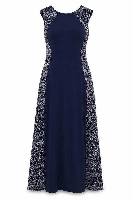 Front view of Lipsy women’s blue polyester a-line, size UK 10, round neck zip - lace panels