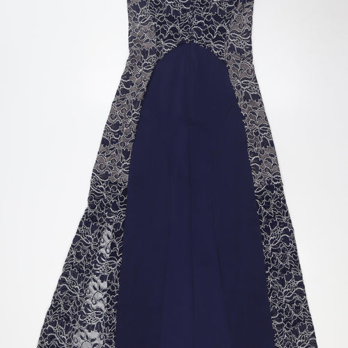 Lipsy Womens Blue Polyester A-Line Size 10 Round Neck Zip - Lace Panels