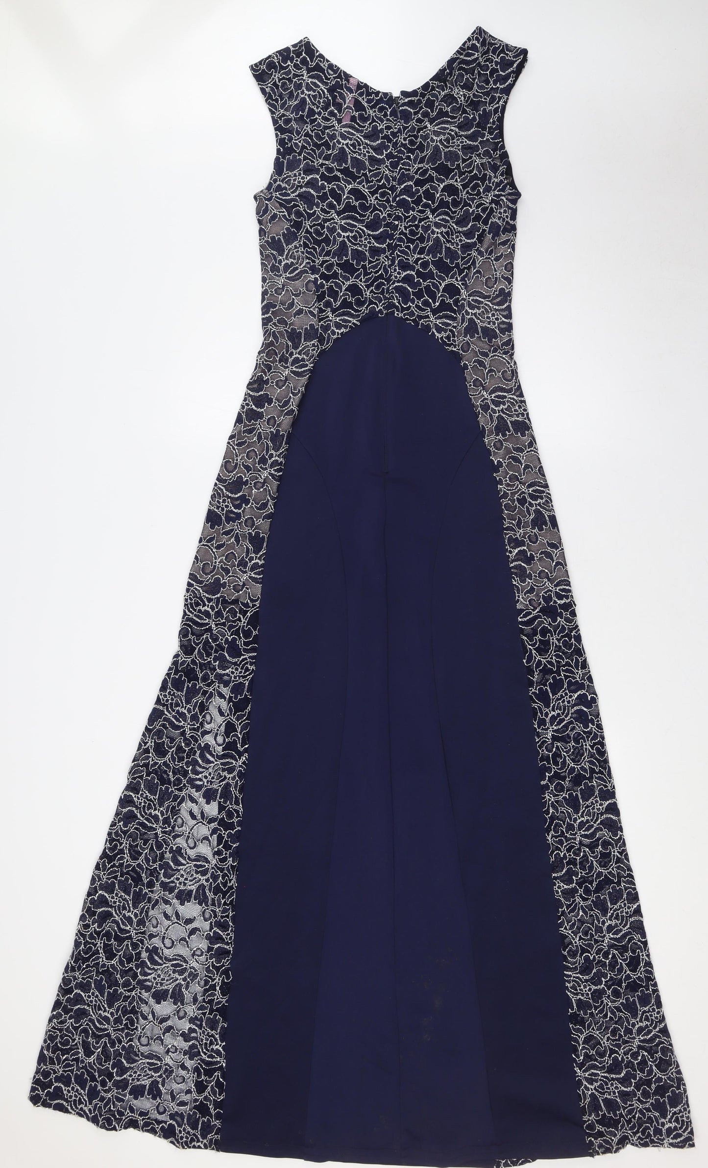 Lipsy Womens Blue Polyester A-Line Size 10 Round Neck Zip - Lace Panels