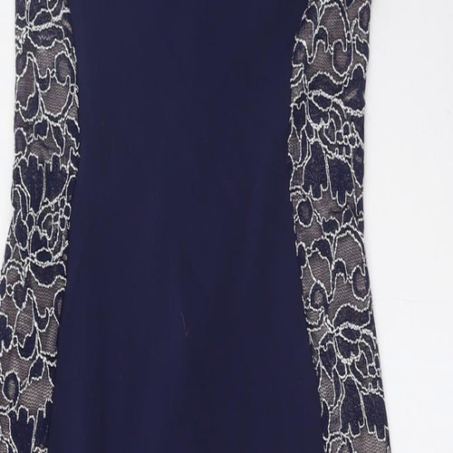 Lipsy Womens Blue Polyester A-Line Size 10 Round Neck Zip - Lace Panels
