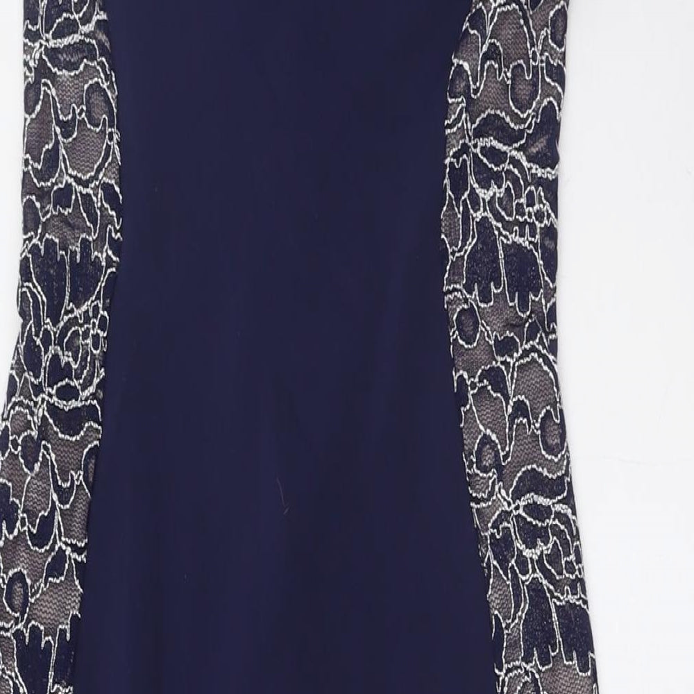 Lipsy Womens Blue Polyester A-Line Size 10 Round Neck Zip - Lace Panels