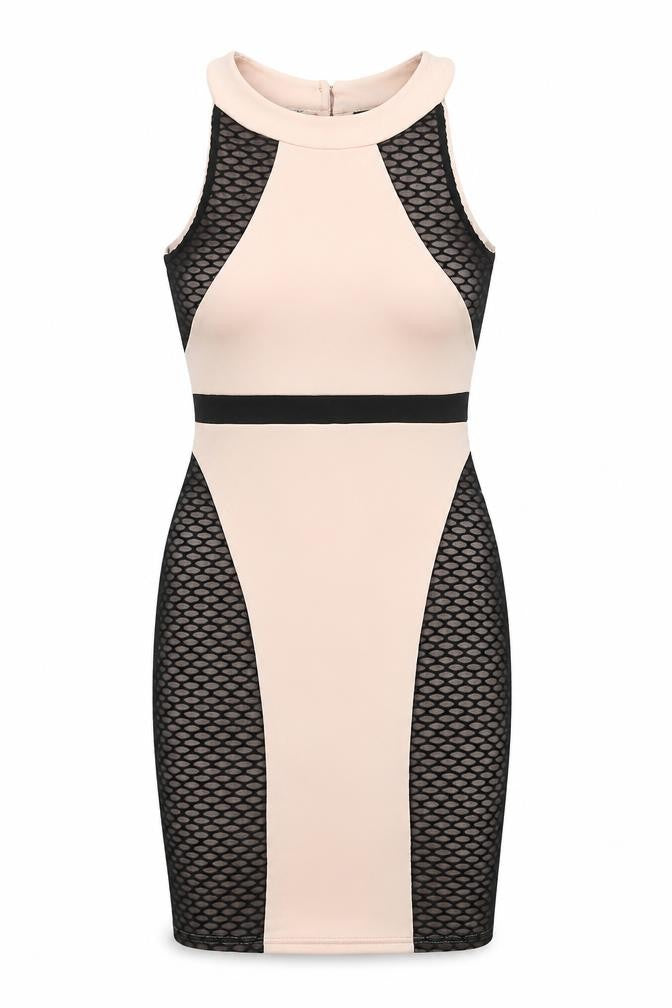 Front view of Quiz women’s pink polyester bodycon, size UK 10, round neck button