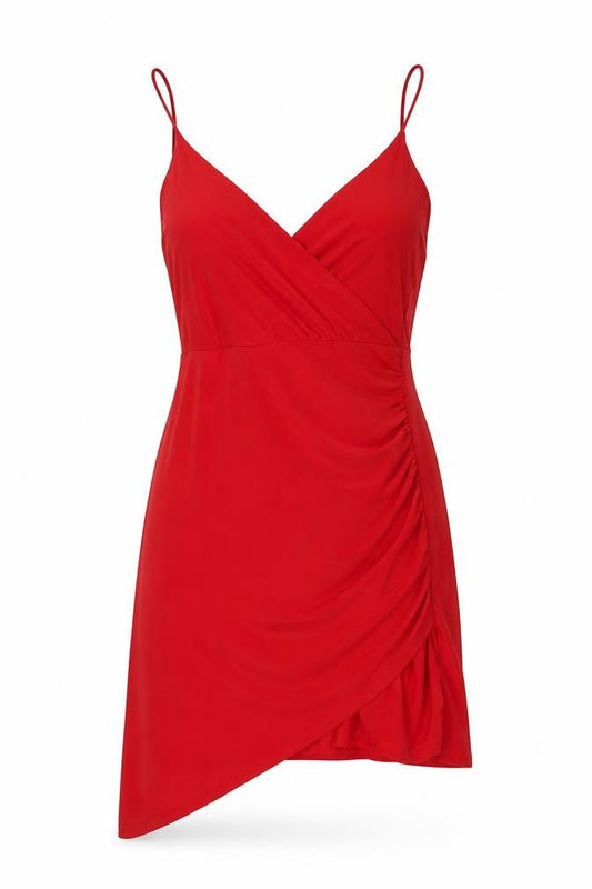 Front view of PRETTYLITTLETHING women’s red polyester a-line, size UK 8, scoop neck - wrap effect