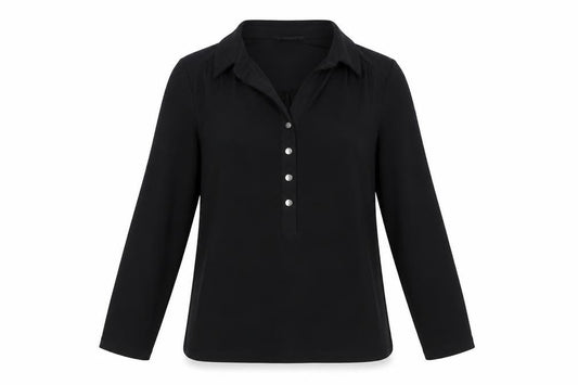 Front view of Premise women’s black polyester basic button-up, size M, collared