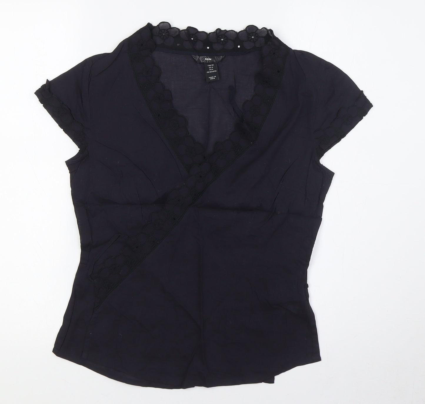 H&M Womens Blue Cotton Basic Button-Up Size 8 V-Neck - Wrap