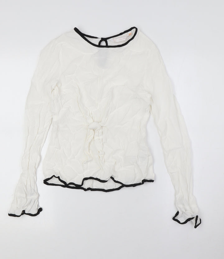 Zara Womens White Viscose Basic Button-Up Size S Round Neck - Knot Front