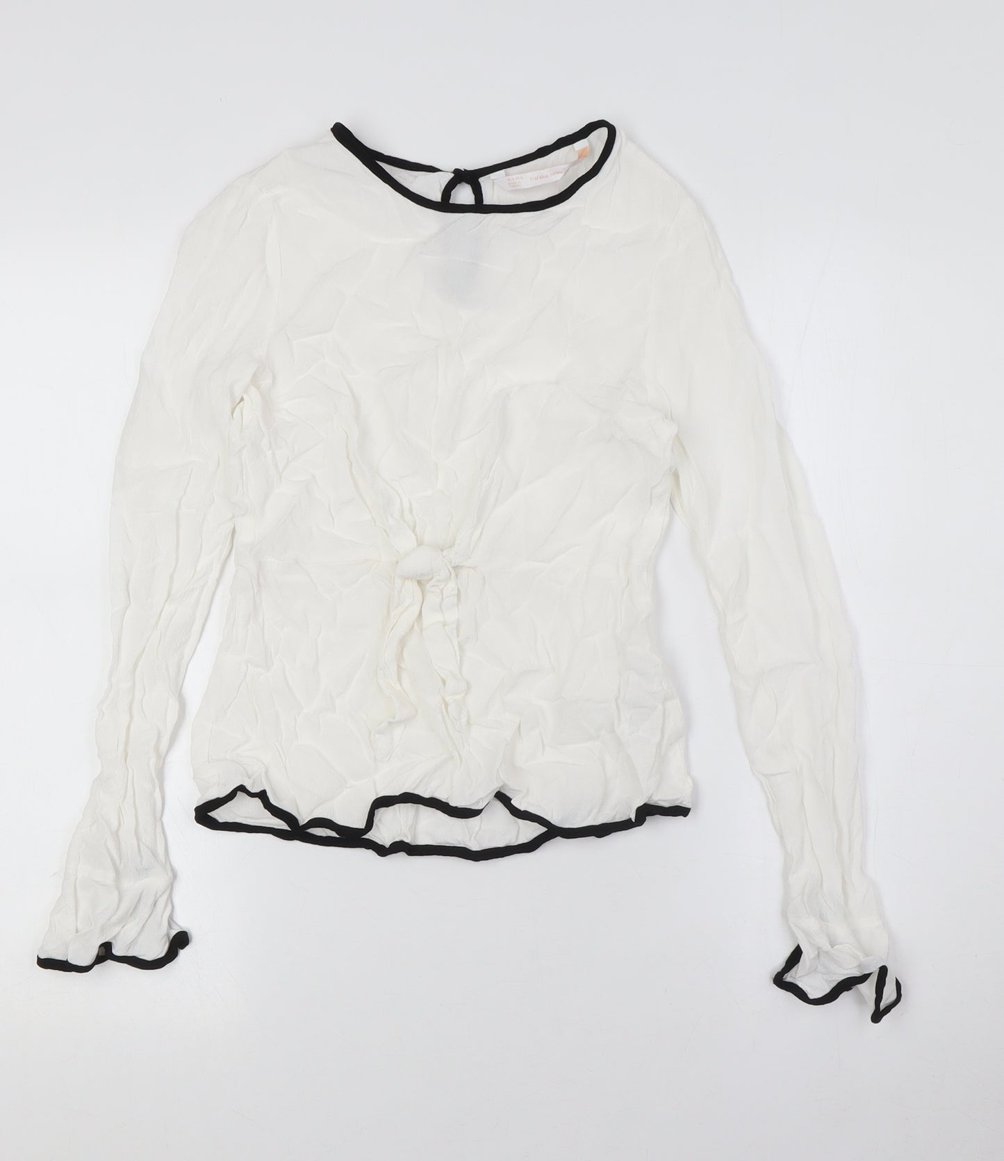 Zara Womens White Viscose Basic Button-Up Size S Round Neck - Knot Front