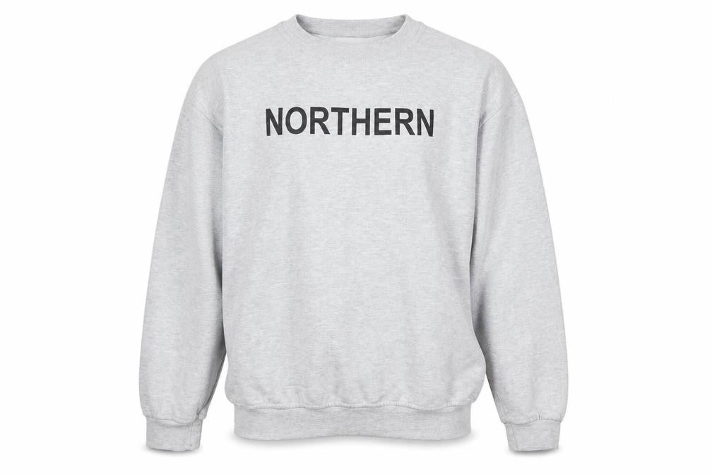 Front view of PRO RTX men’s grey polyester pullover sweatshirt, size M, - northern