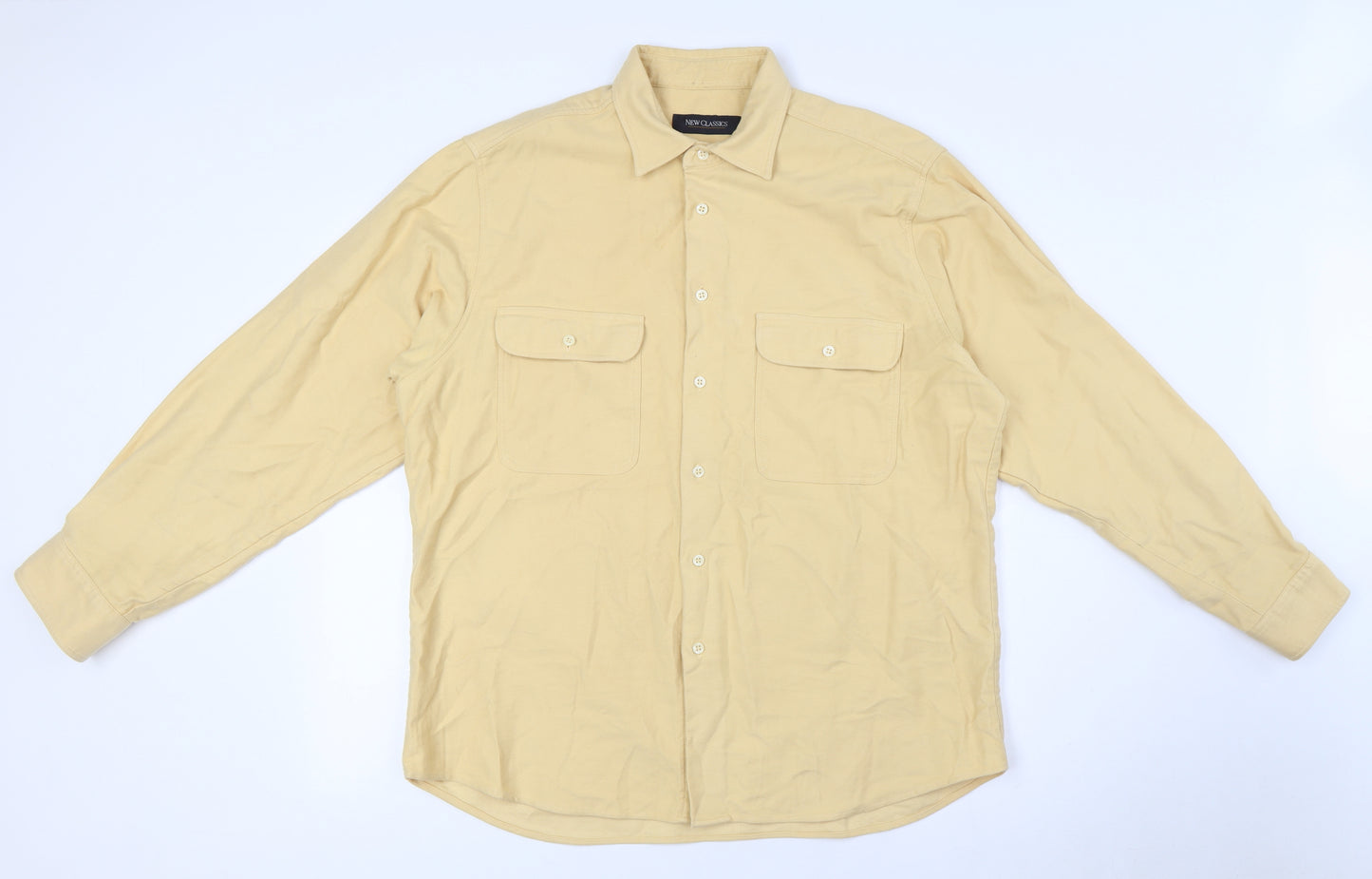 New Class Mens Yellow Cotton Button-Up Size L Collared Button