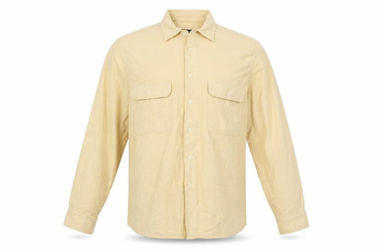 Front view of New Class men’s yellow cotton button-up, size L, collared button