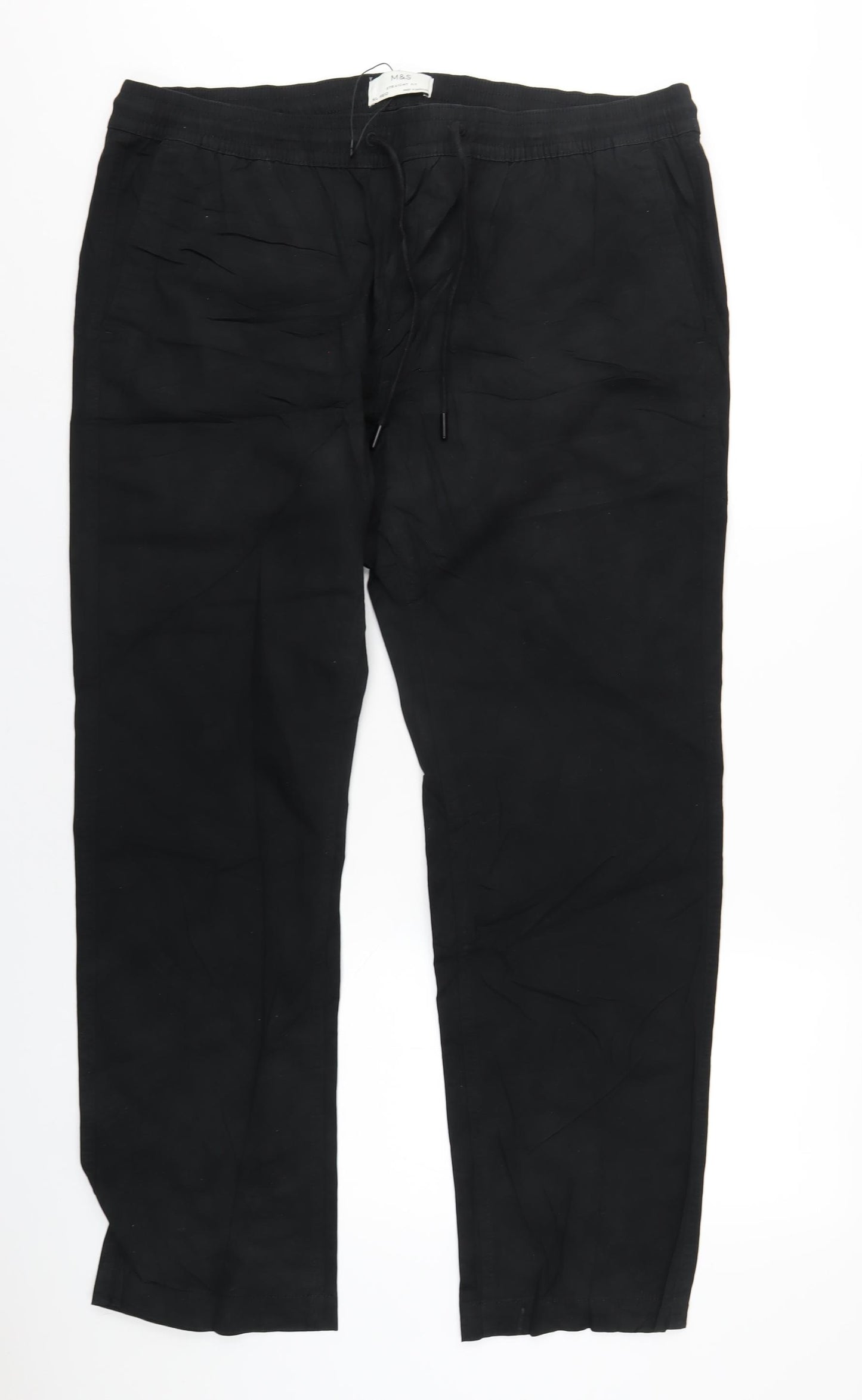 Marks and Spencer Mens Black Cotton Trousers Size XL L31 in Regular Drawstring