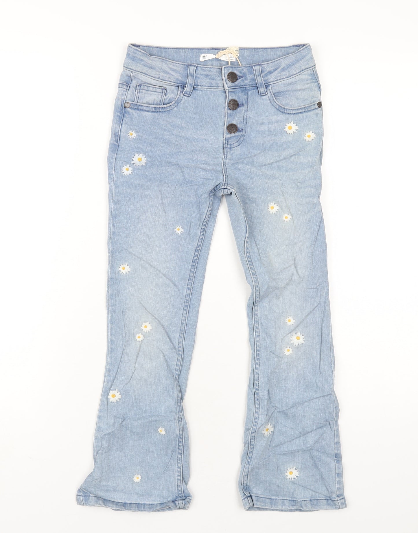 Marks and Spencer Girls Blue Cotton Bootcut Jeans Size 7-8 Years L22 in Regular Button