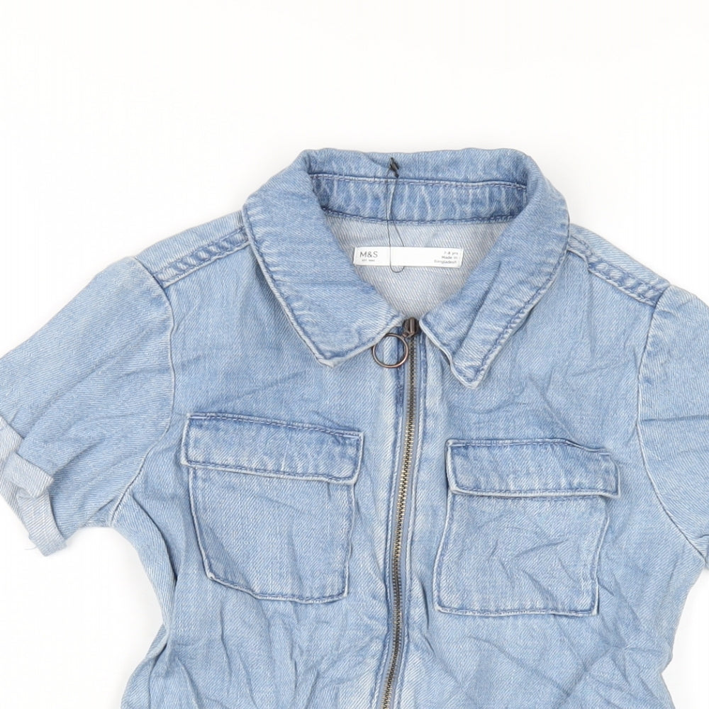 Marks and Spencer Girls Blue Cotton Playsuit One-Piece Size 7-8 Years Zip