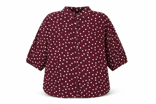 Front view of Next women’s purple polka dot viscose basic button-up, size UK 12, collared