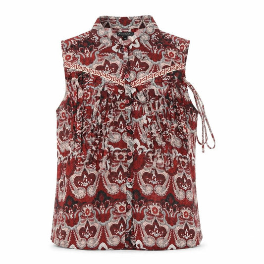 Front view of River Island women’s red geometric polyester basic button-up, size UK 10, collared