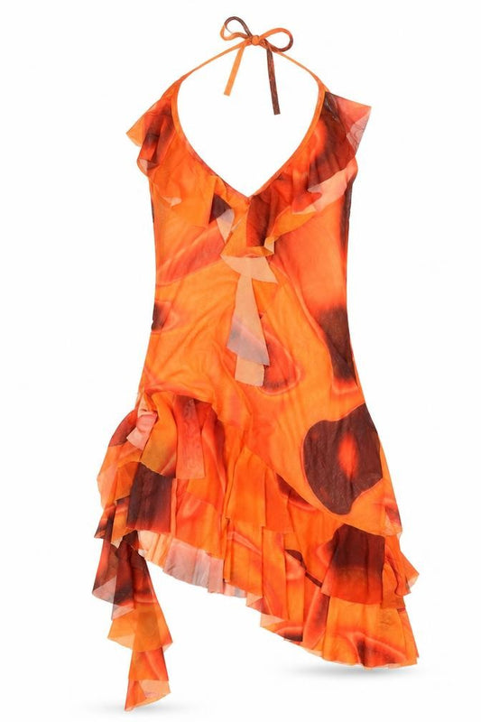 Front view of PRETTYLITTLETHING women’s orange geometric polyester bodycon, size UK 10, v-neck pullover