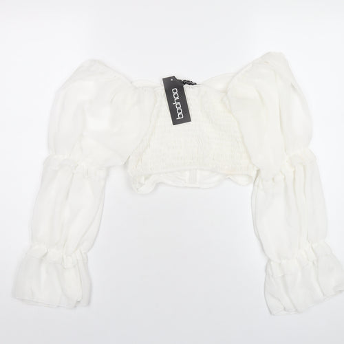 Boohoo Womens White Polyester Cropped T-Shirt Size 10 Off the Shoulder