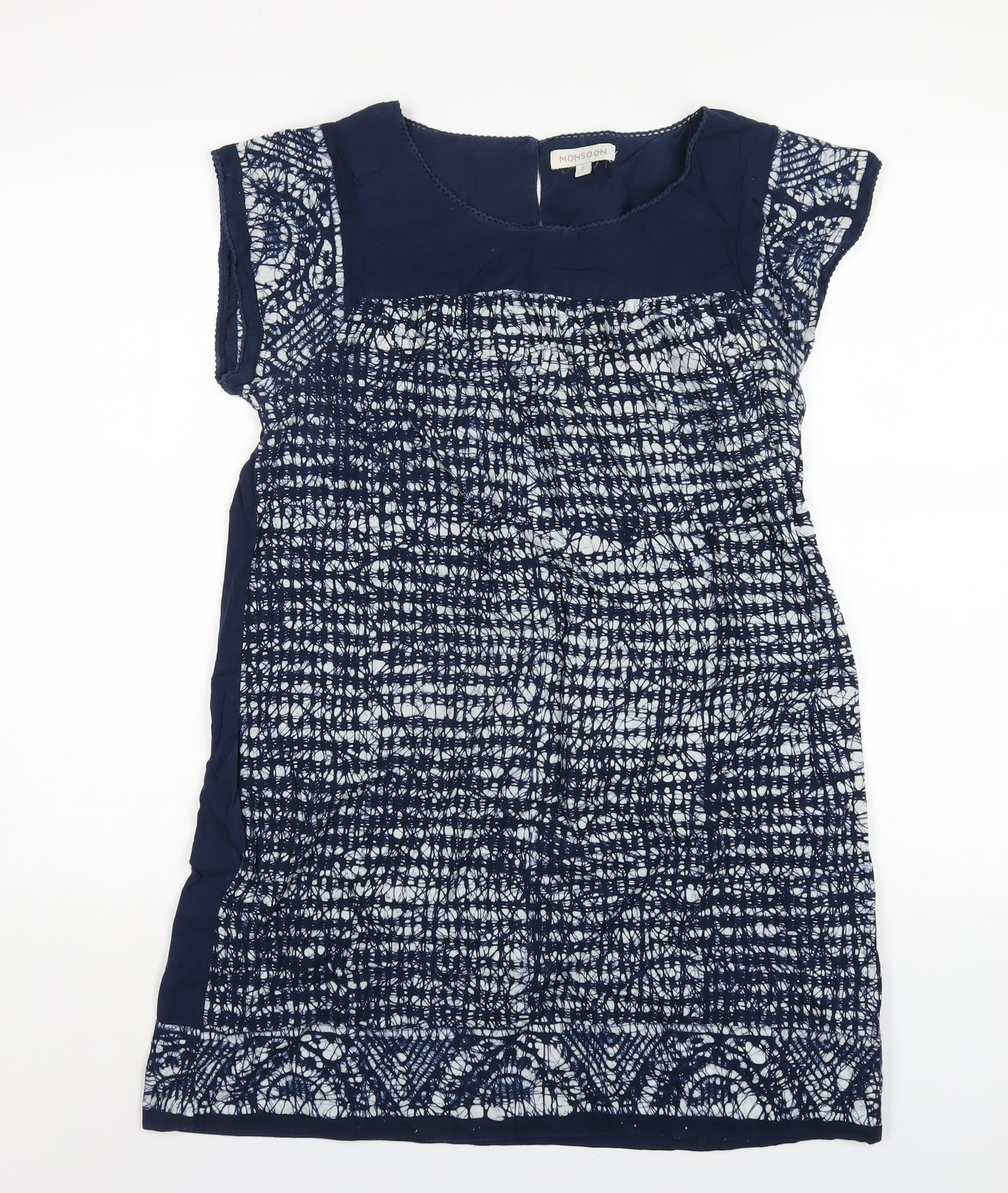 Monsoon Womens Blue Geometric Cotton A-Line Size S Round Neck Button