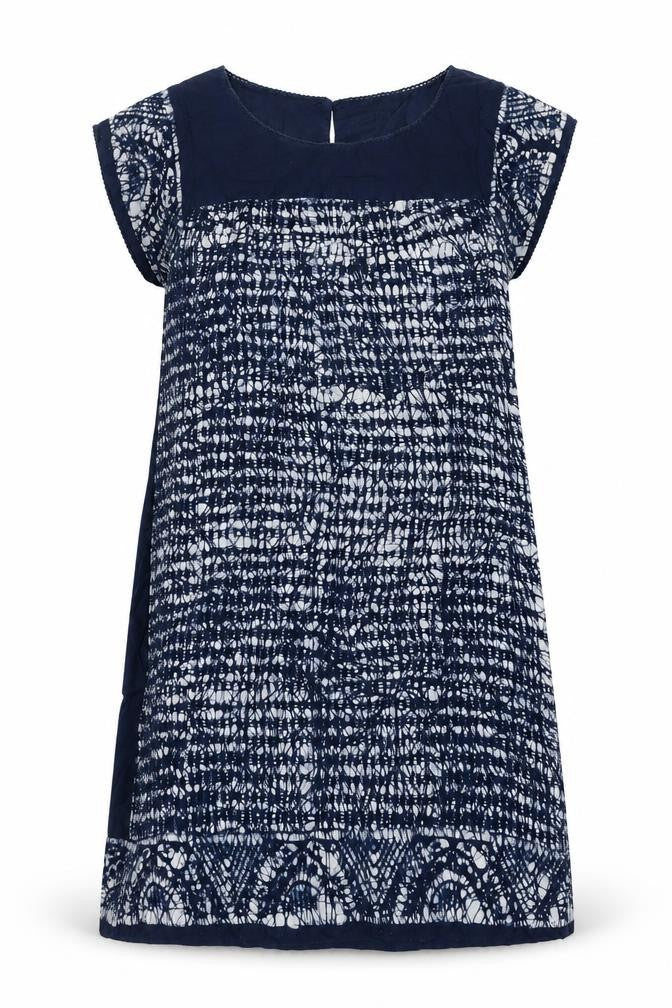 Front view of Monsoon women’s blue geometric cotton a-line, size S, round neck button
