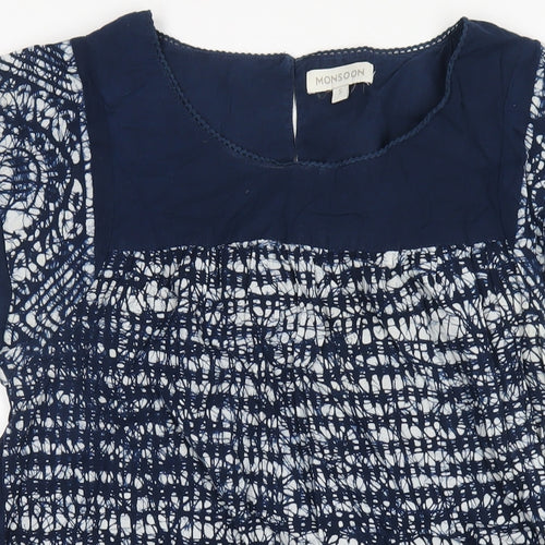 Monsoon Womens Blue Geometric Cotton A-Line Size S Round Neck Button