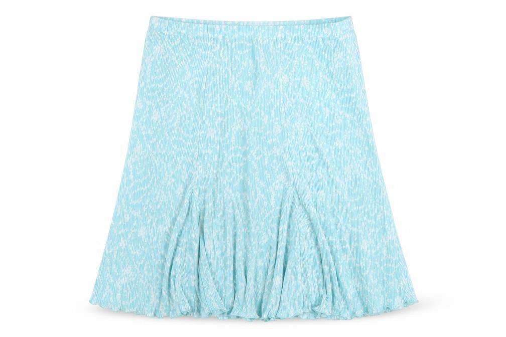 Front view of Amber women’s blue floral polyester pleated skirt, size UK 16