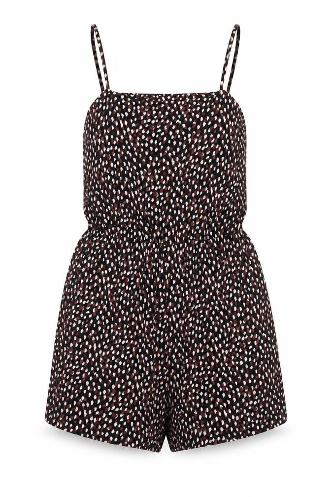 Front view of H&M women’s black geometric viscose playsuit one-piece, size S, 3-inch leg pullover