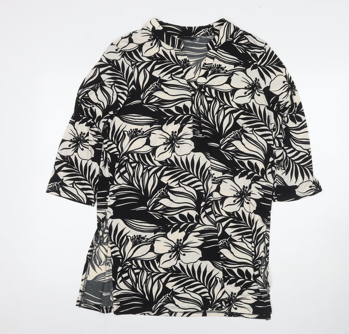 Wallis Womens Black Floral Polyester Tunic Blouse Size M Round Neck