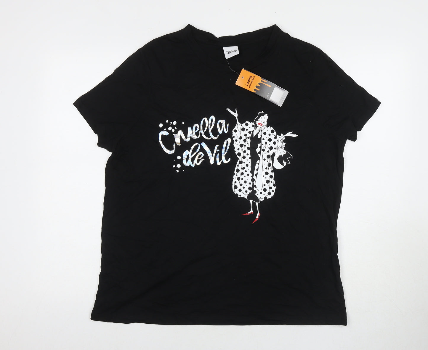 Disney Womens Black Cotton Basic T-Shirt Size 18 Round Neck - Cruella de Vil