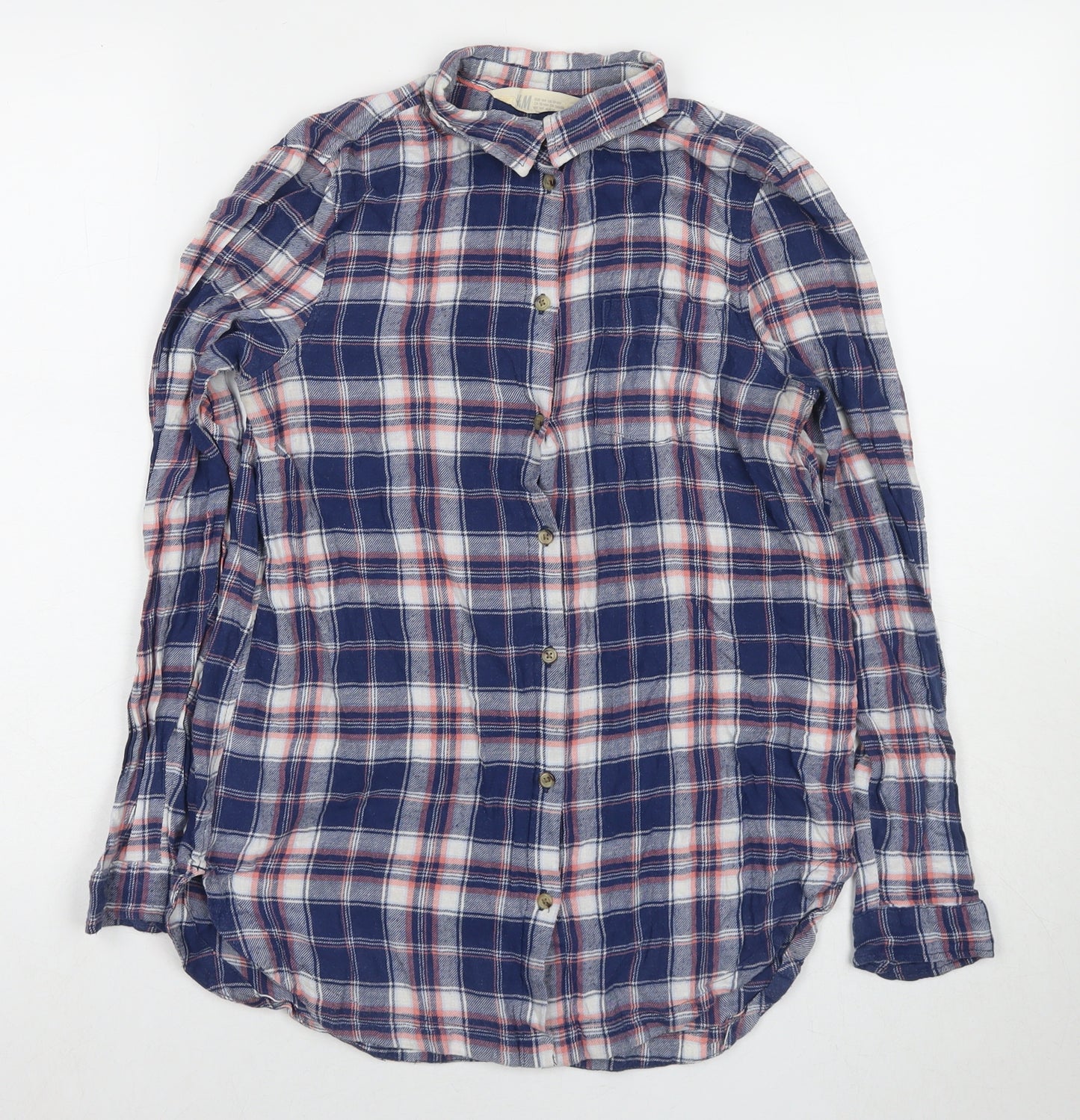 H&M Boys Blue Check Cotton Basic T-Shirt Size 13-14 Years Collared Button