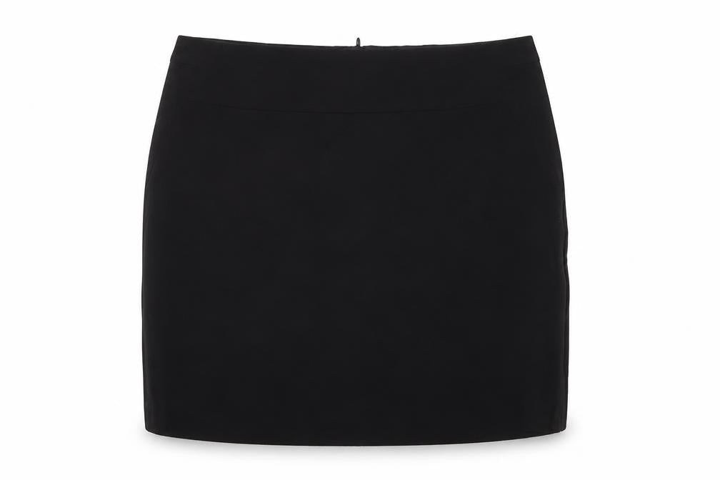 Front view of Marks & Spencer women’s black polyester a-line skirt, size UK 10, zip
