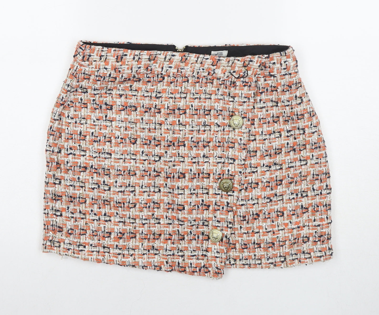 River Island Womens Orange Check Polyester A-Line Skirt Size 12 Zip