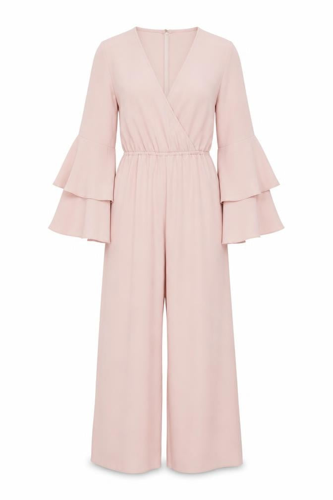 Front view of River Island women’s pink polyester jumpsuit one-piece, size UK 10, 20-inch leg zip