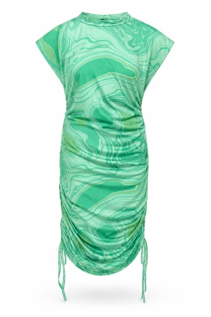 Front view of PRETTYLITTLETHING women’s green geometric polyester bodycon, size UK 8, round neck pullover