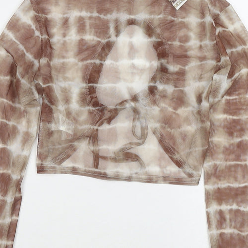 Boohoo Womens Brown Check Polyester Cropped T-Shirt Size 8 Round Neck