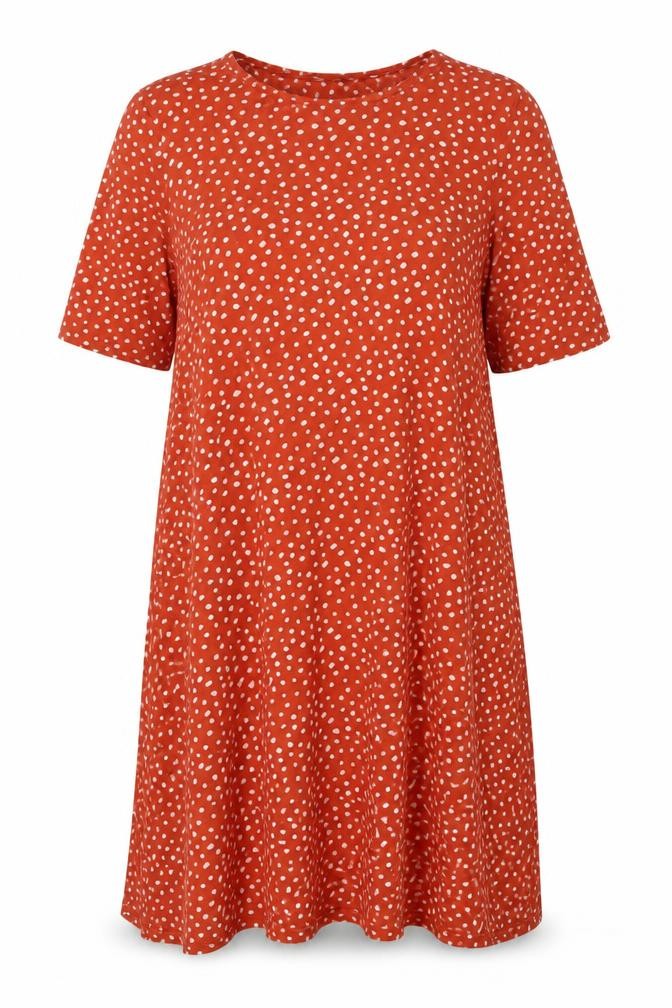 Front view of Marks & Spencer women’s brown geometric viscose a-line, size UK 16, round neck pullover