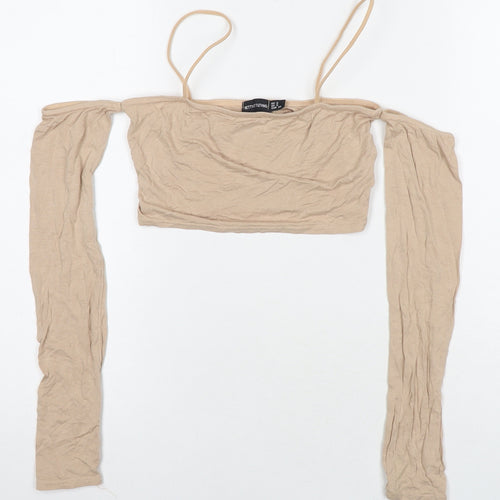 PRETTYLITTLETHING Womens Beige Viscose Cropped T-Shirt Size 6 Off the Shoulder - Cold Shoulder