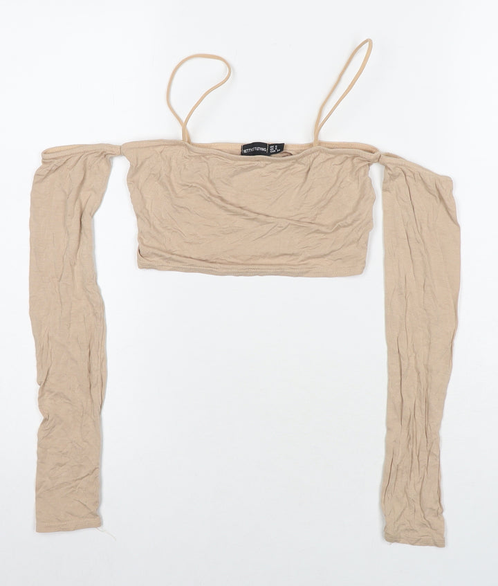 PRETTYLITTLETHING Womens Beige Viscose Cropped T-Shirt Size 6 Off the Shoulder - Cold Shoulder