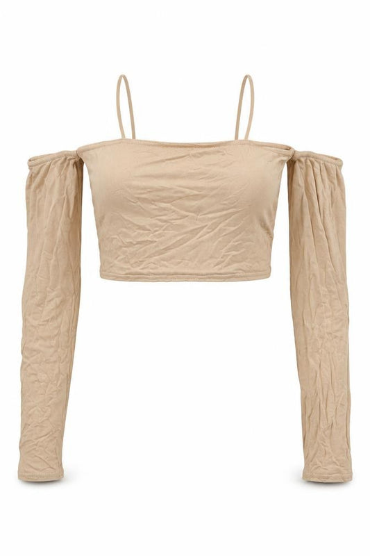 Front view of PRETTYLITTLETHING women’s beige viscose cropped t-shirt, size UK 6, off the shoulder - cold shoulder