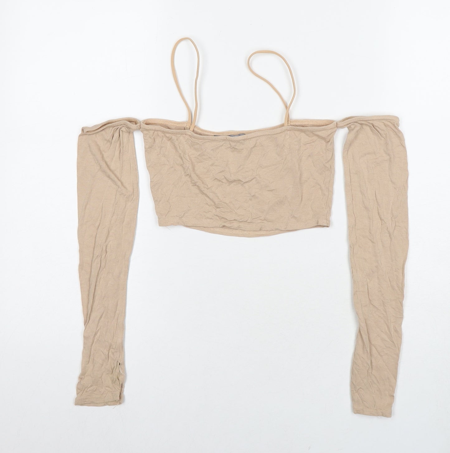 PRETTYLITTLETHING Womens Beige Viscose Cropped T-Shirt Size 6 Off the Shoulder - Cold Shoulder
