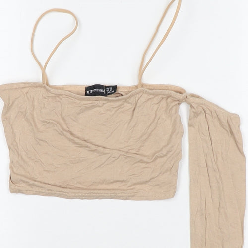PRETTYLITTLETHING Womens Beige Viscose Cropped T-Shirt Size 6 Off the Shoulder - Cold Shoulder