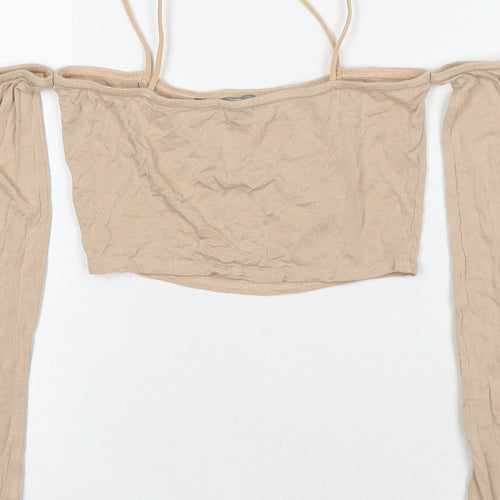 PRETTYLITTLETHING Womens Beige Viscose Cropped T-Shirt Size 6 Off the Shoulder - Cold Shoulder