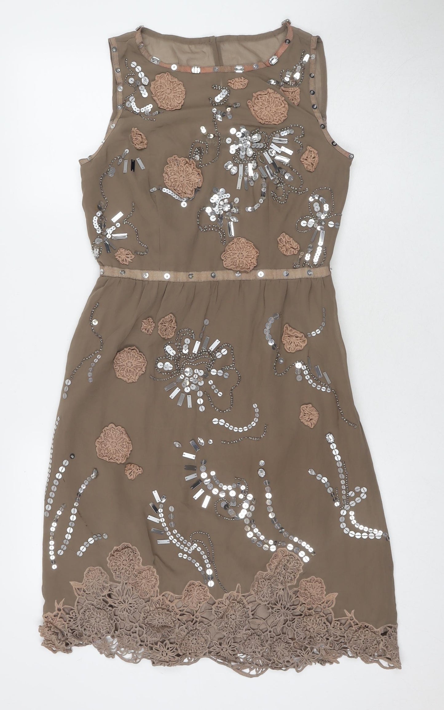 Per Una Womens Beige Polyester A-Line Size 10 Round Neck Zip - Jeweled Detail