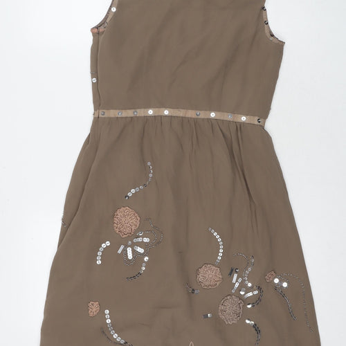 Per Una Womens Beige Polyester A-Line Size 10 Round Neck Zip - Jeweled Detail