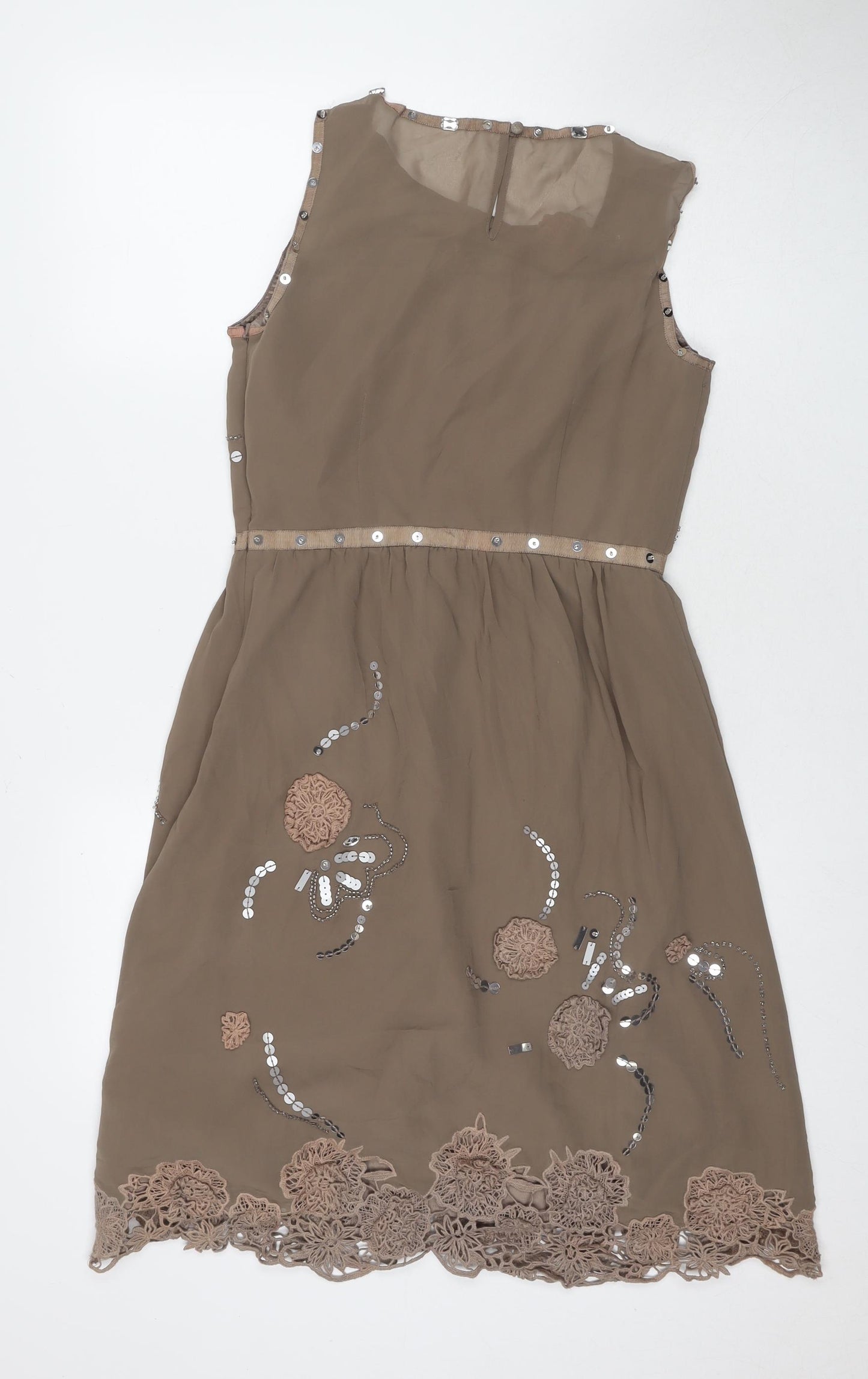 Per Una Womens Beige Polyester A-Line Size 10 Round Neck Zip - Jeweled Detail