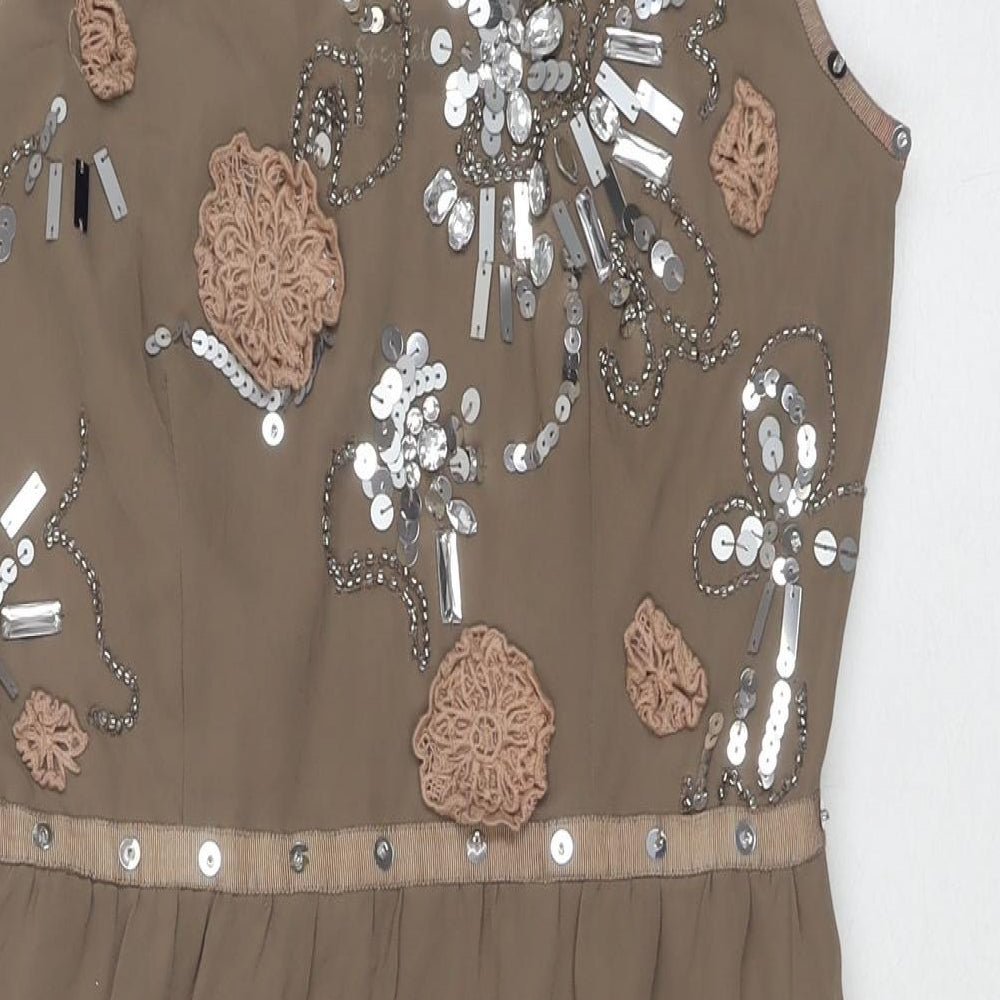 Per Una Womens Beige Polyester A-Line Size 10 Round Neck Zip - Jeweled Detail
