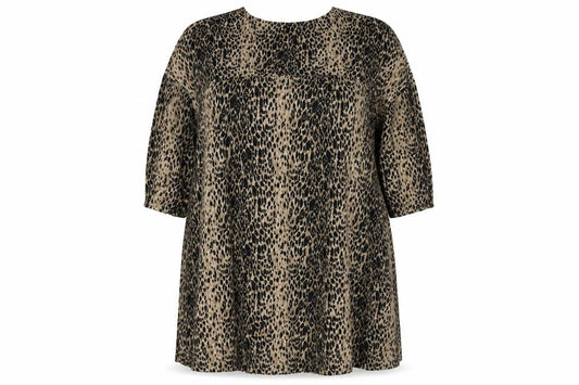 Front view of ASOS women’s brown animal print polyester tunic t-shirt, size UK 16, round neck