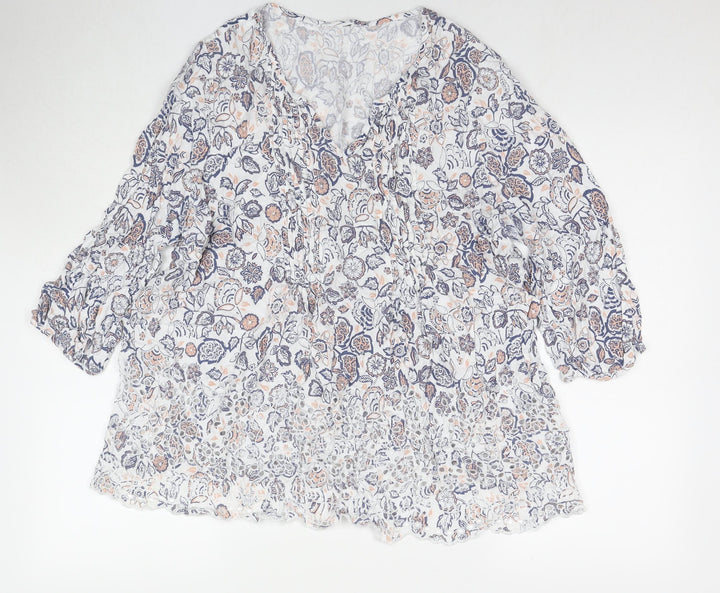 Arcadia Womens White Floral Viscose Basic T-Shirt Size 14 V-Neck