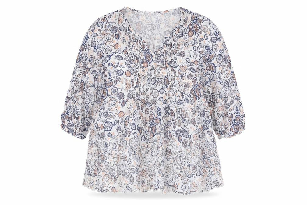 Front view of Arcadia women’s white floral viscose basic t-shirt, size UK 14, v-neck