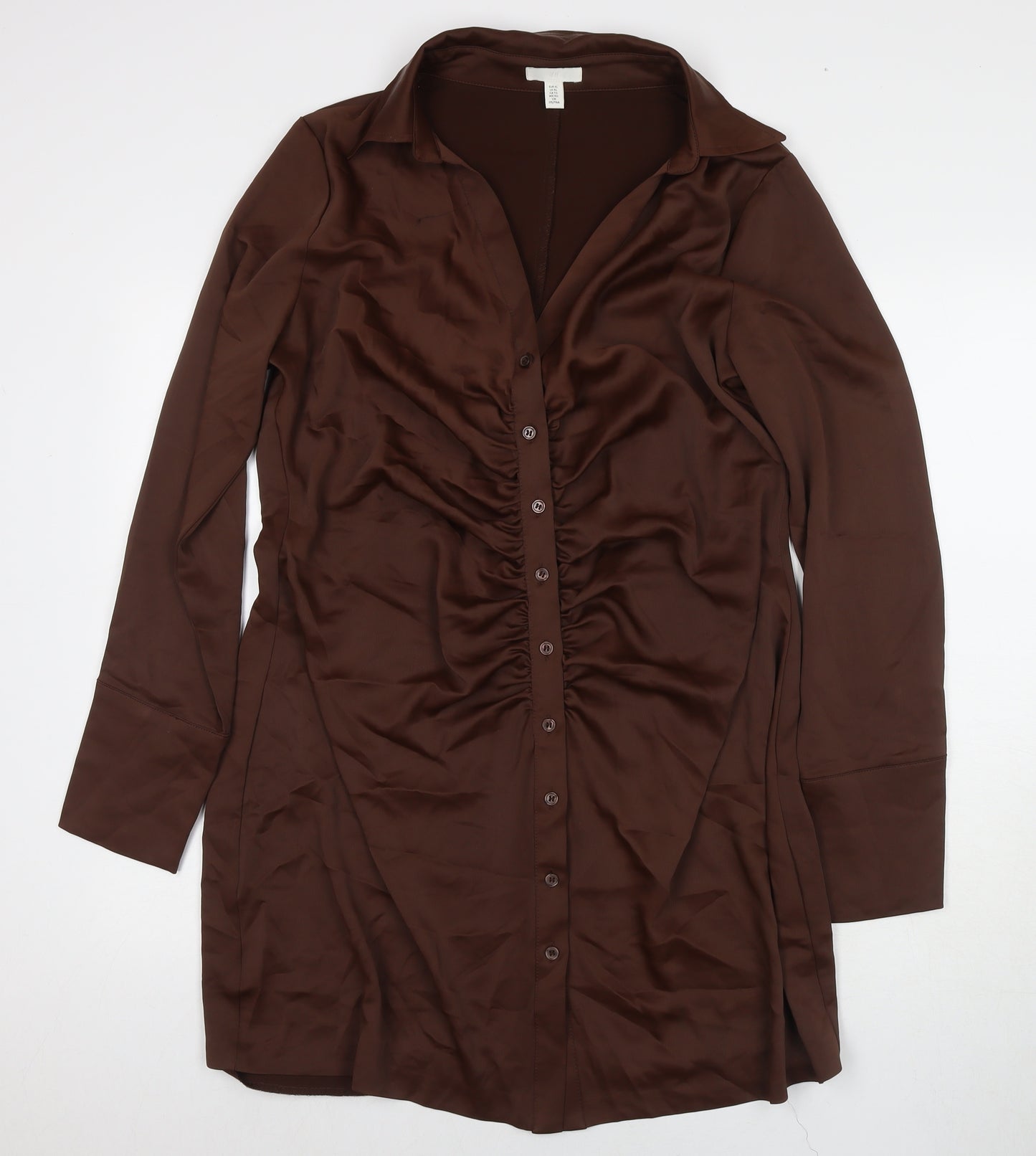 H&M Womens Brown Polyester Shirt Dress Size XL Collared Button
