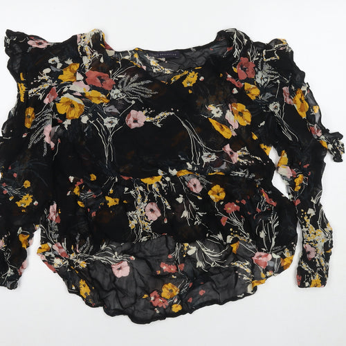 Marks and Spencer Womens Black Floral Viscose Basic Blouse Size 16 Round Neck - Cold Shoulder